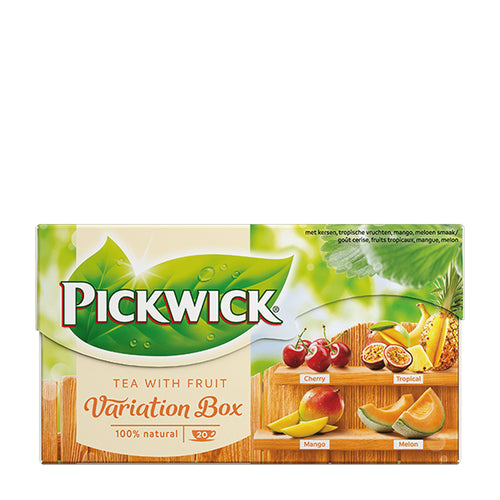 Packaging of Pickwick tea with fruit variation box on a white background