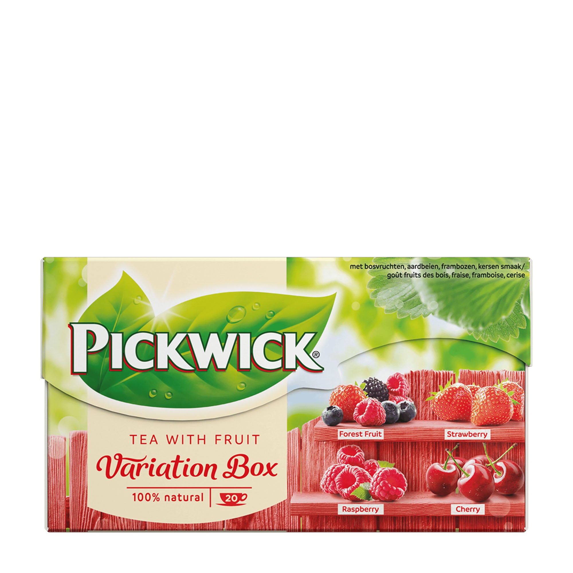 Packaging of Pickwick tea with fruit variation box on a white background