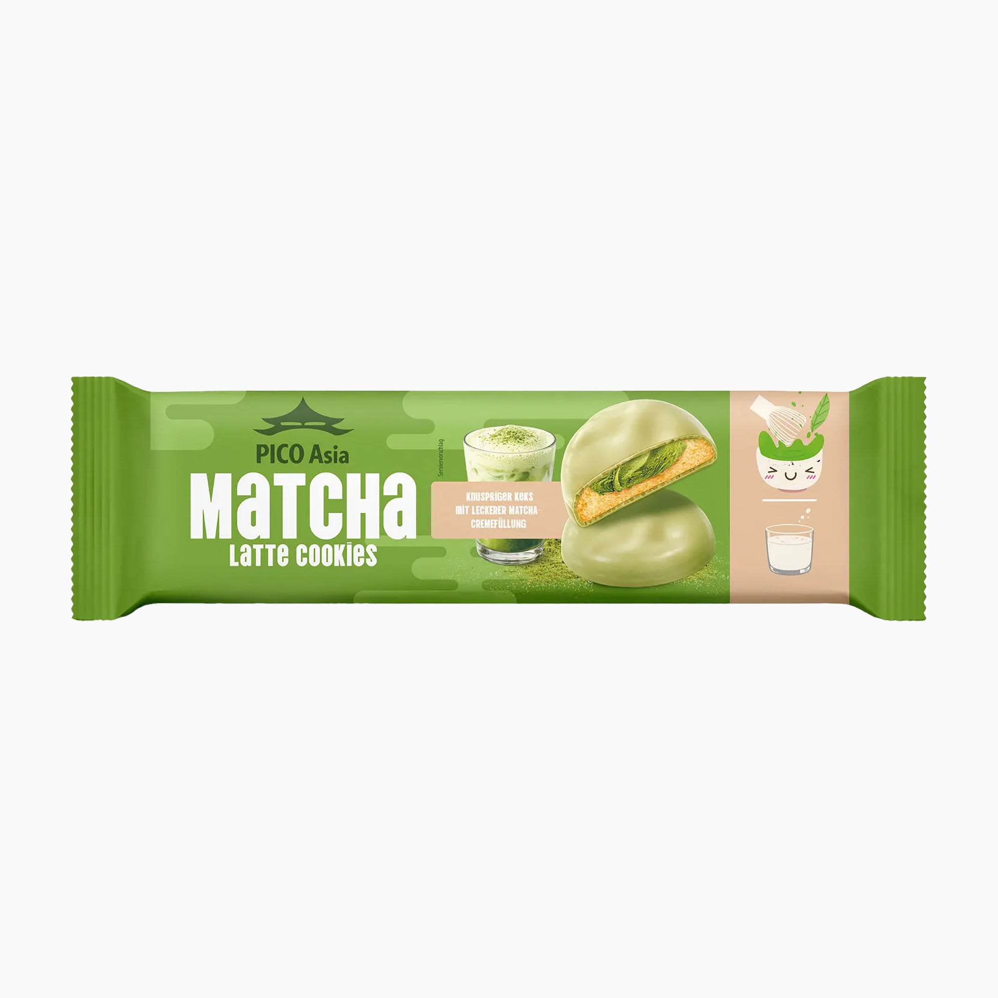 A Pico Asia Matcha Latte Cookies in its green packaging, featuring illustrations of a matcha green cookie and a matcha latte on a white background.