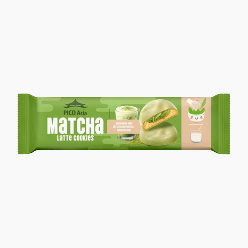A Pico Asia Matcha Latte Cookies in its green packaging, featuring illustrations of a matcha green cookie and a matcha latte on a white background.
