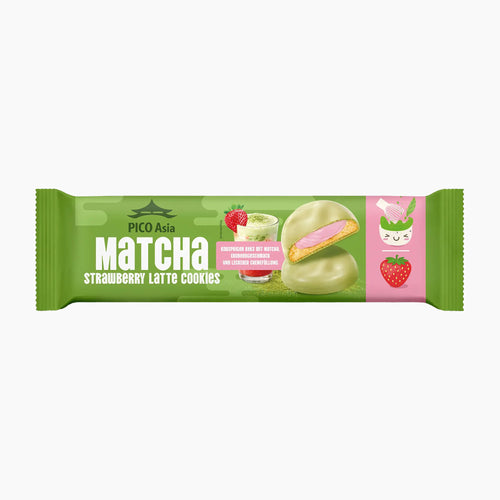 Pico Asia Matcha Strawberry Latte Cookies in its green wrapper, shown against a plain white background. The packaging features illustrations of a matcha-coated cookie with strawberry cream filling, a strawberry matcha latte, and a strawberry cupcake.