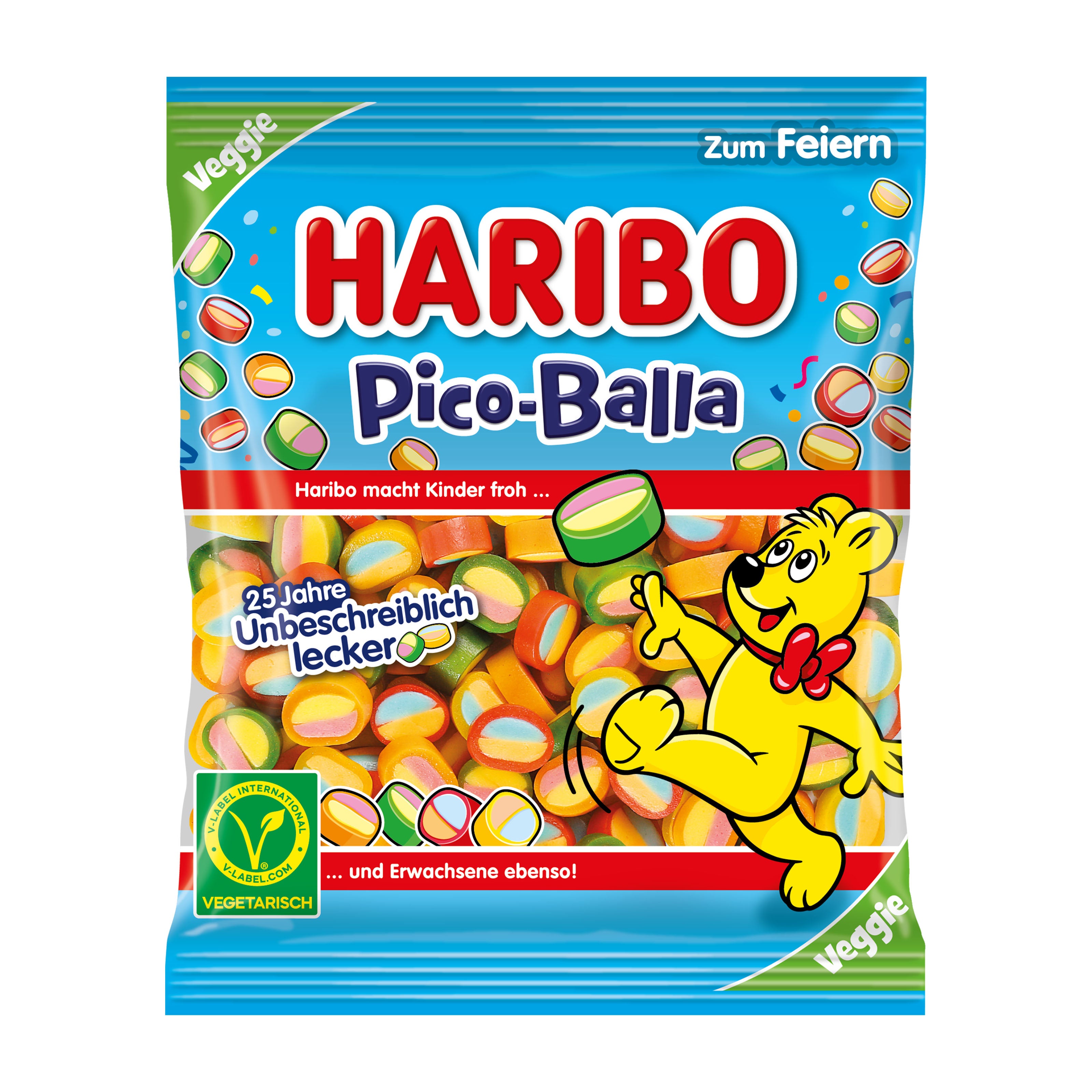 Haribo Pico-Balla candy package with cartoon bear and colorful candies on a white background
