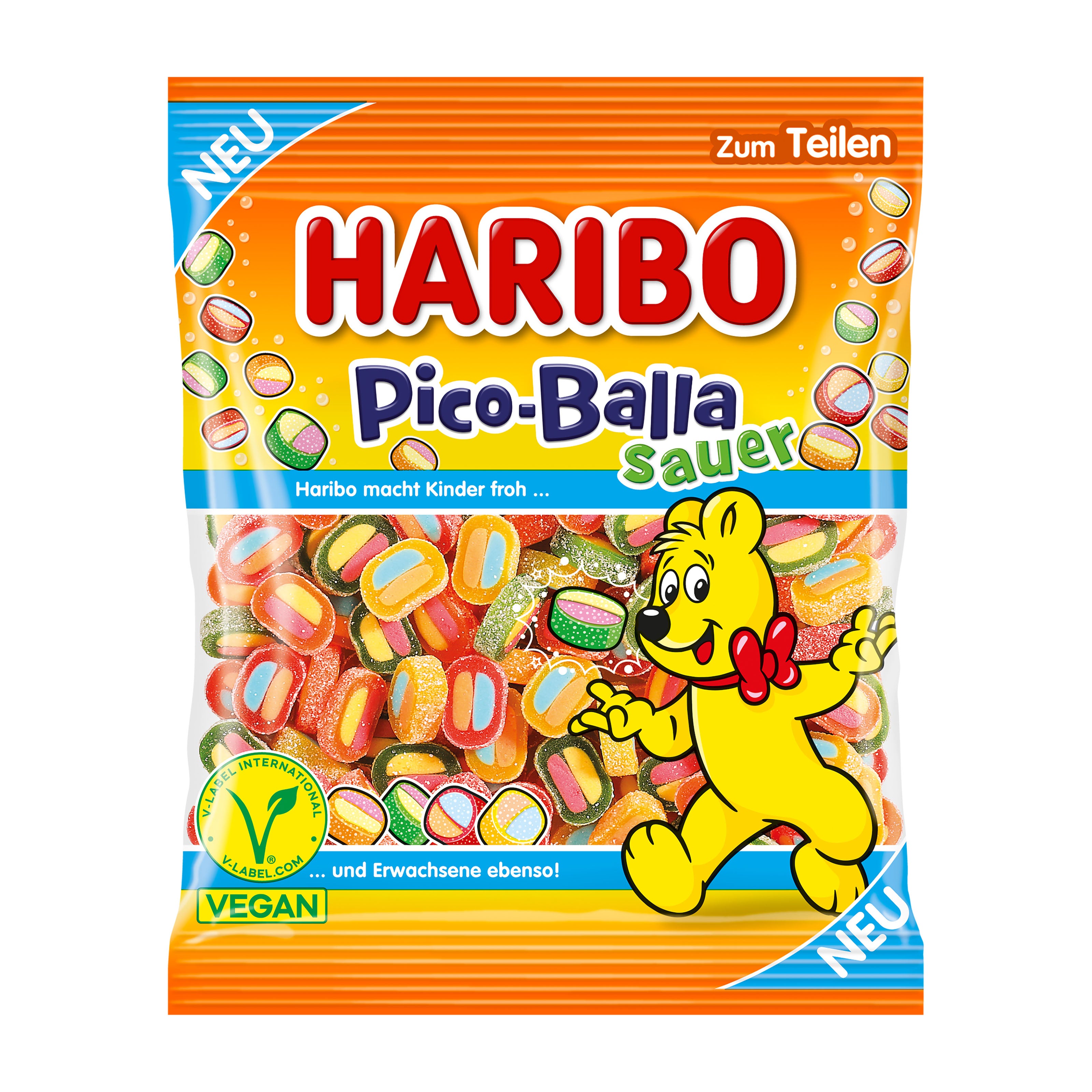Haribo Pico-Balla Sour candy package with a cartoon bear on a white background