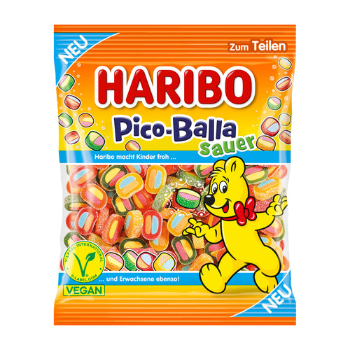 Haribo Pico-Balla Sour candy package with a cartoon bear on a white background