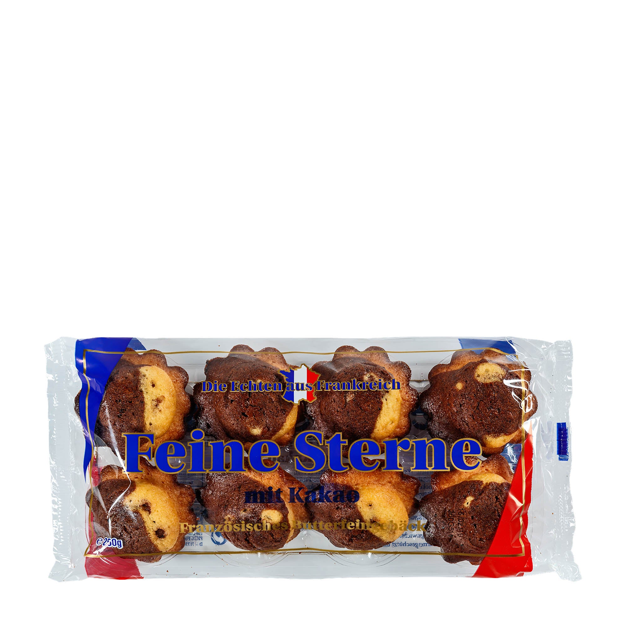 Packaged Pico Food Fine Stars with Cocoa, displaying the product through a transparent window, with red, white, and blue packaging.