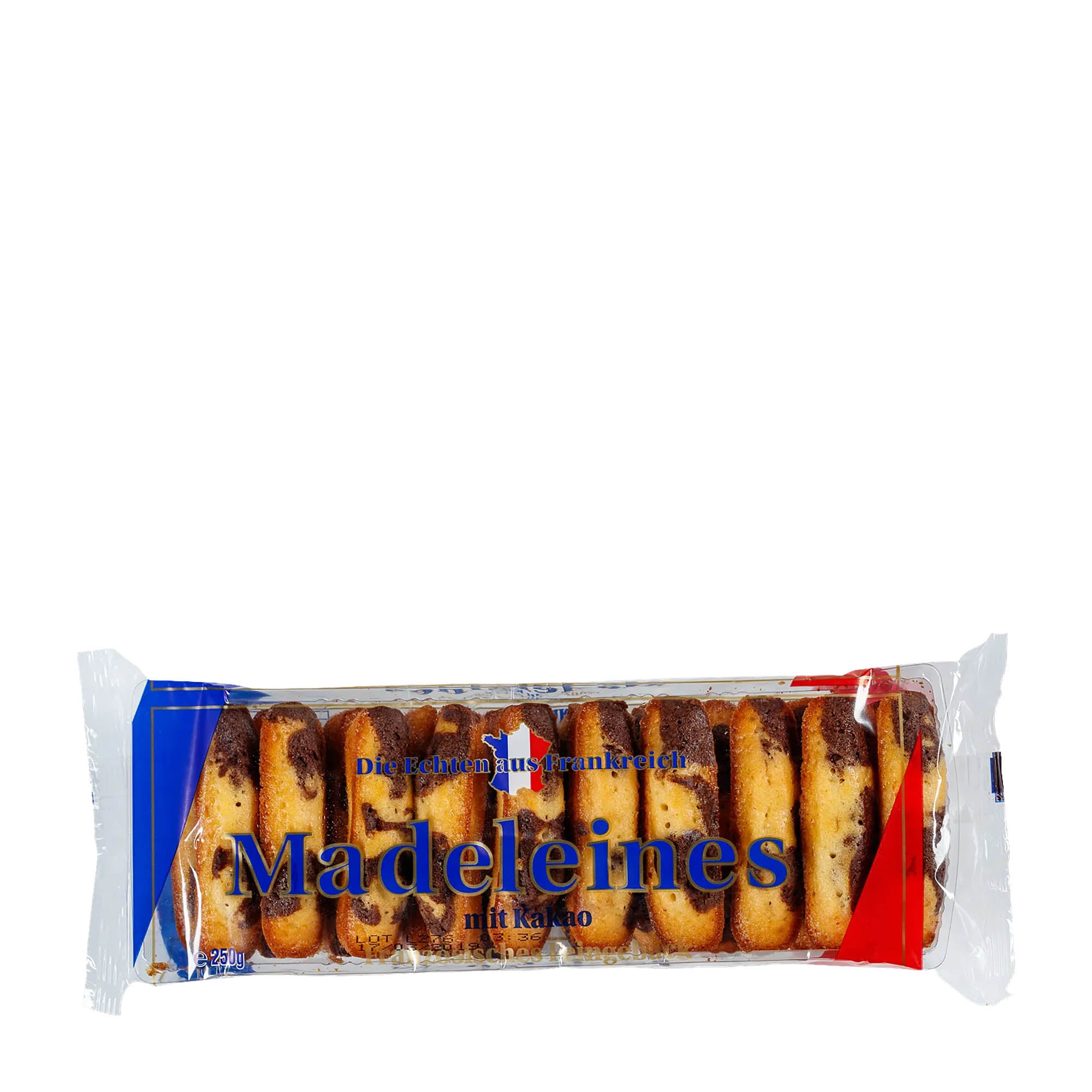 Packaging of Pico Food Madeleines with Cocoa, showing the madeleines visible through the clear part of the packaging, with red, white, and blue colors and the brand name displayed.