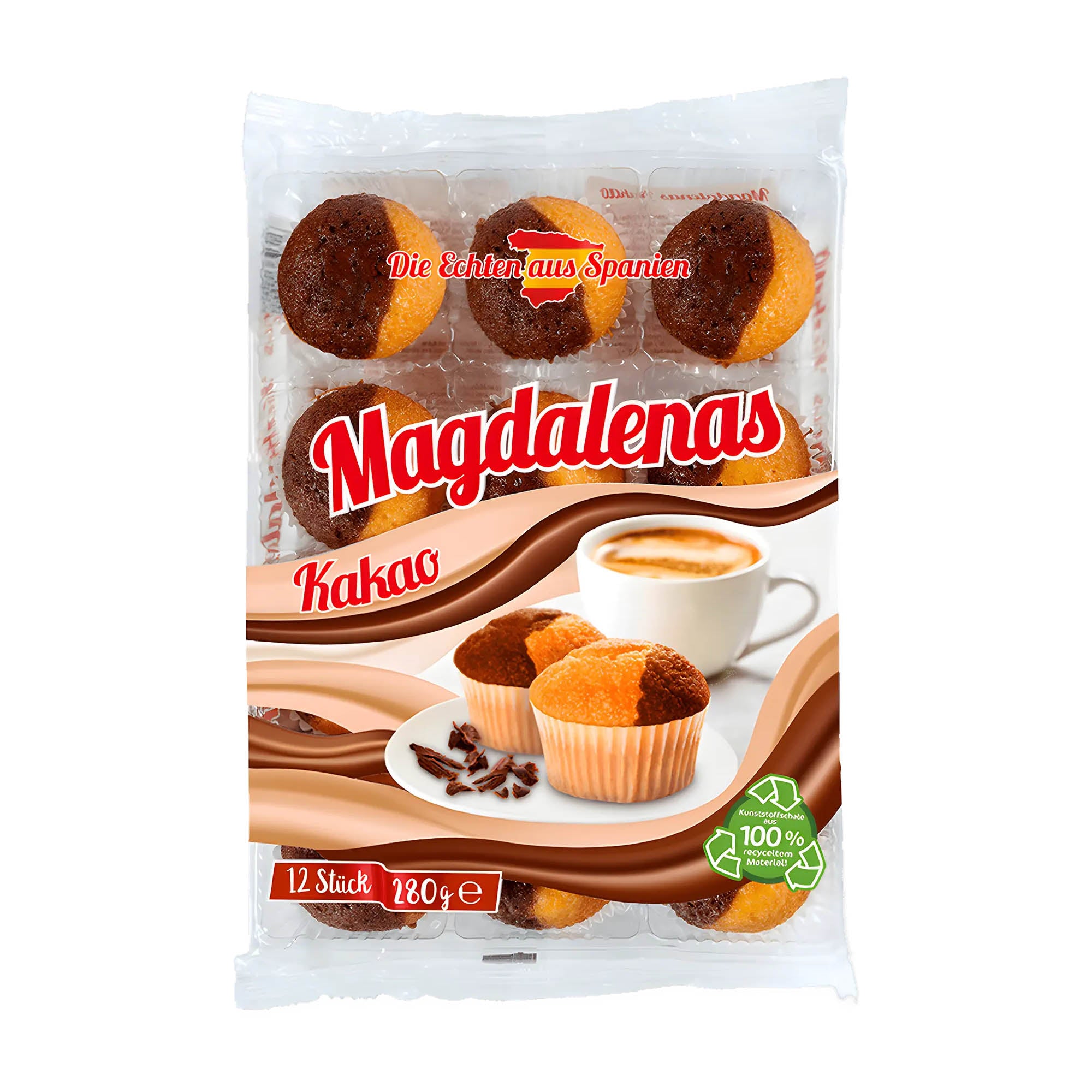 Packaging of Pico Food Magdalenas Cocoa, showing the product name, a picture of the cocoa-flavored mini cakes, and a cup of coffee. The package indicates that there are 12 pieces of sponge cake and highlights that there are no artificial colors or preservatives.