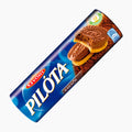A package of Győri Pilóta Cocoa sandwich cookies, shown diagonally on a plain white background. The packaging is predominantly blue with white lettering, featuring a graphic of two cocoa cream-filled cookies.