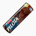 A package of Győri Pilóta Triple Cocoa sandwich cookies, shown diagonally on a plain white background. The packaging is dark brown with a large blue oval logo, white 'PILOTA' lettering, and an image of chocolate-covered cookies.