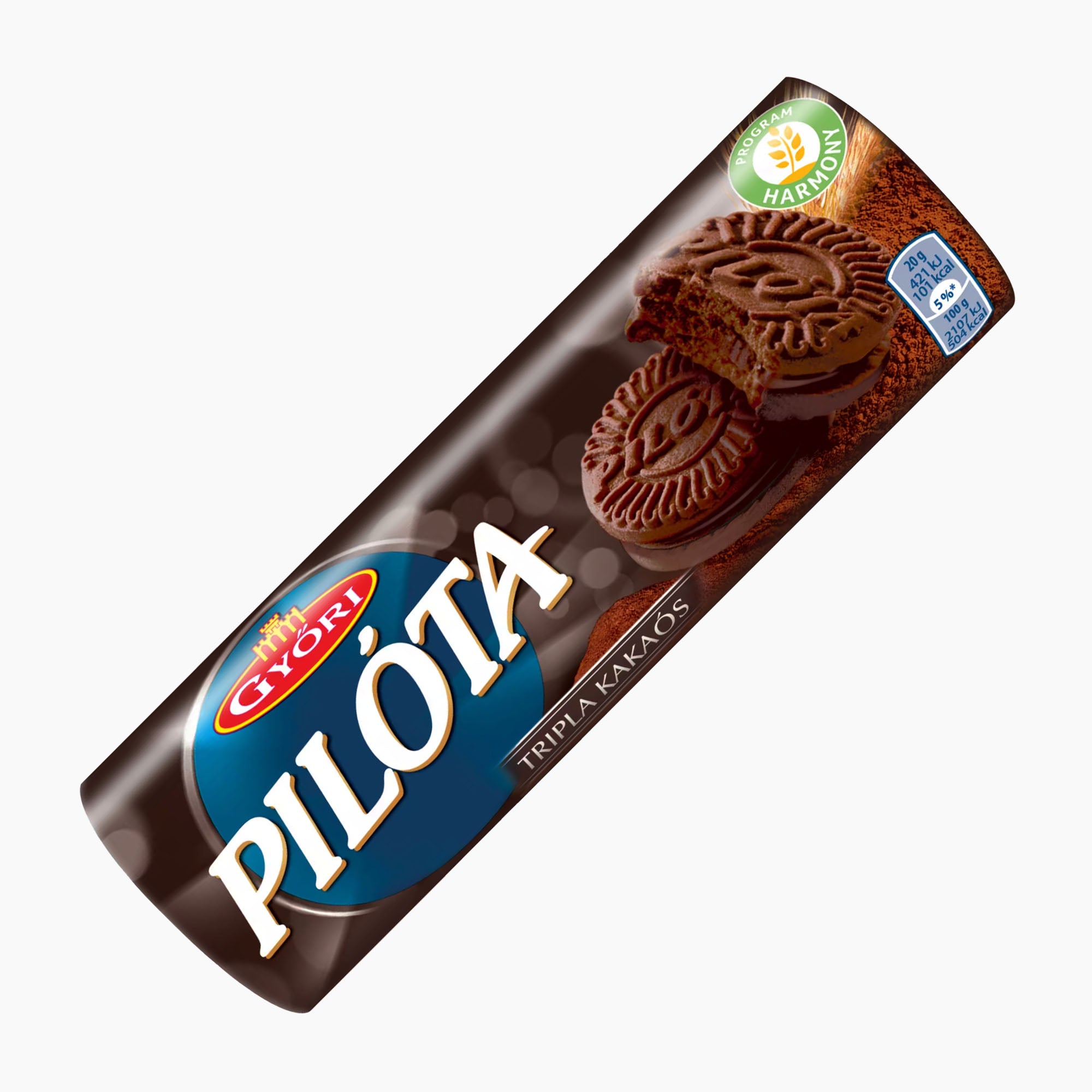 A package of Győri Pilóta Triple Cocoa sandwich cookies, shown diagonally on a plain white background. The packaging is dark brown with a large blue oval logo, white 'PILOTA' lettering, and an image of chocolate-covered cookies.