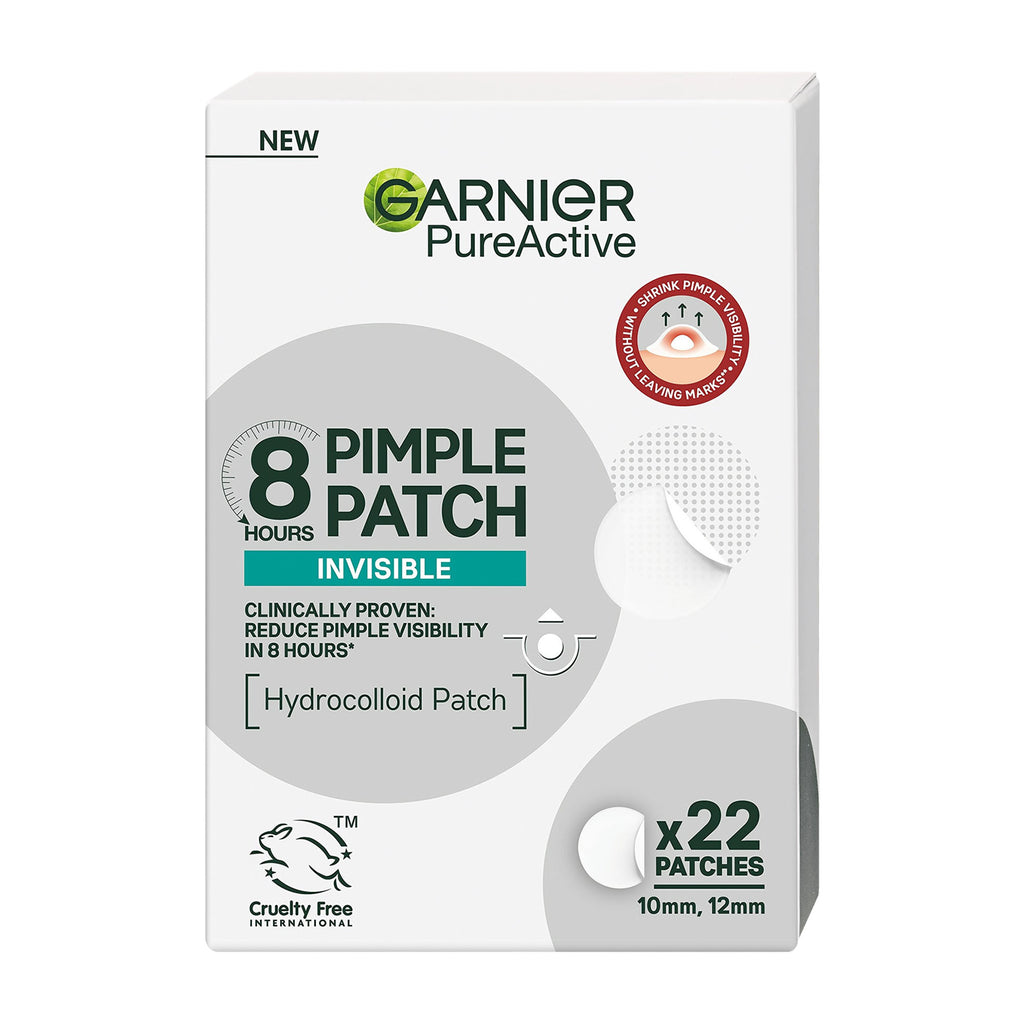 Packaging of Garnier Pure Active Pimple Patch, showing the product name and count of 22 patches, with a visual representation of the hydrocolloid patches.