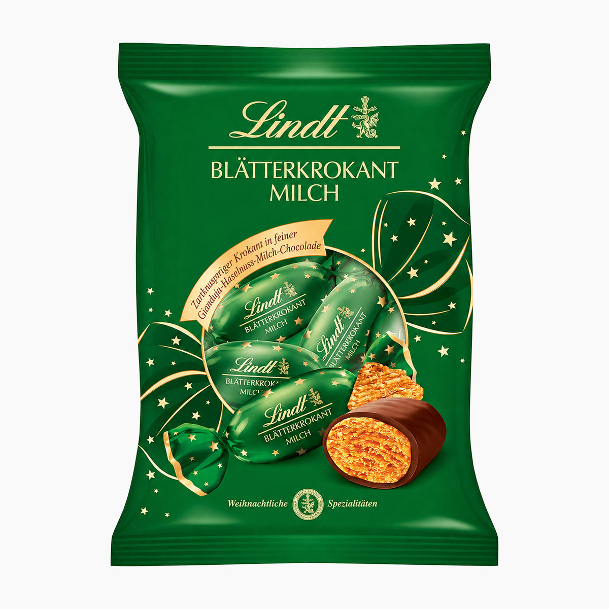 Lindt Blätterkrokant Milch Pine Cones with Flaky Brittle milk chocolate pralines packaging on a plain white background, featuring the Lindt logo and illustrations of wrapped chocolates and a cut-open chocolate piece.