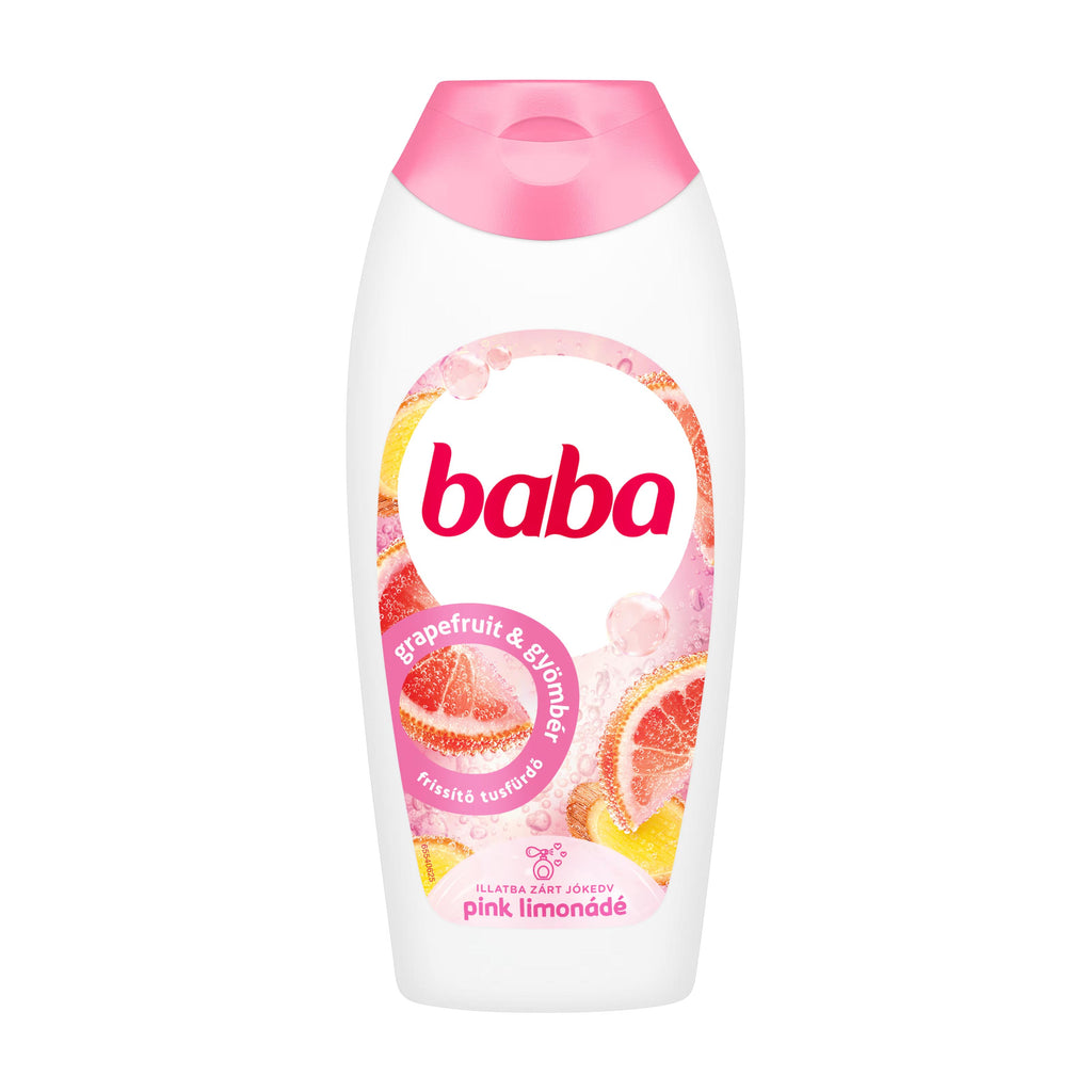 Baba Pink Lemonade shower gel bottle with pink cap on a white background
