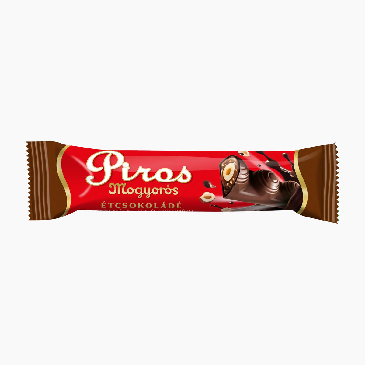 A single wrapped Piros Mogyoros dark chocolate bar in red and brown packaging, shown horizontally against a plain white background.