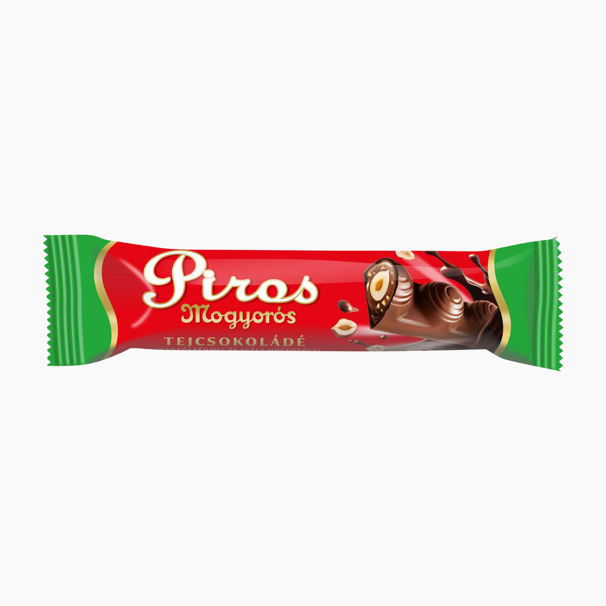 A single wrapped Píros Mogyoros milk chocolate bar on a plain white background. The wrapper is primarily red with green ends, gold decorative trim, white Píros Mogyoros branding, and an illustration of a chocolate-covered nut bar.
