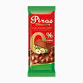 A single packaged Piros Mogyoros hazelnut no added sugar milk chocolate bar in its original green and red foil wrapper, shown against a plain light gray background.