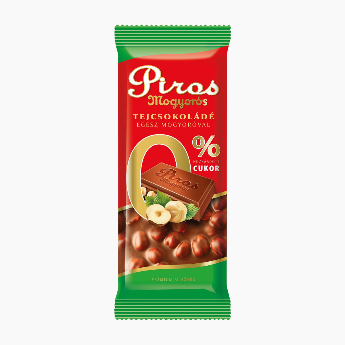 A single packaged Piros Mogyoros hazelnut no added sugar milk chocolate bar in its original green and red foil wrapper, shown against a plain light gray background.