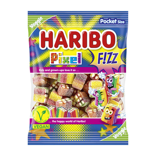 Haribo Pixel Fizz candy package with colorful design on a white background
