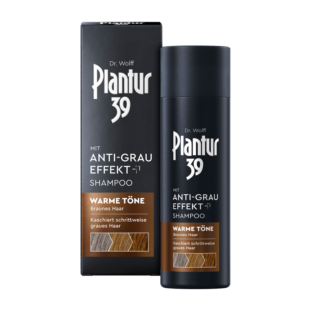 Dr. Wolff Plantur 39 Anti-Gray Effect Warm Tone shampoo bottle and packaging on a white background