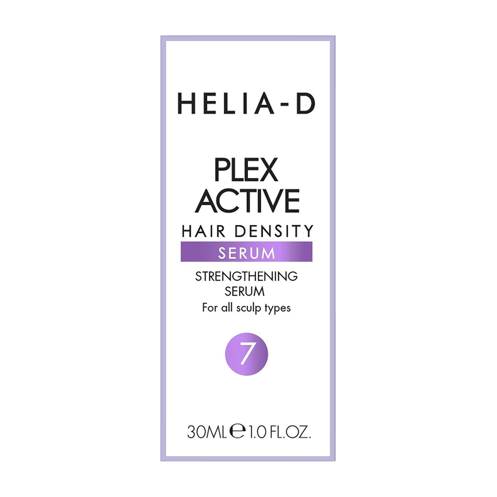 Bottle of HELIA-D Plex Active hair density serum with text indicating it is a strengthening serum for all scalp types, 30 mL in size, with a purple and white label.