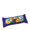 A chocolate gingerbread bar with a cocoa coating and filled with mixed fruit and plum jam, packaged in a purple wrapper with the brand name 'Bombi' displayed prominently.