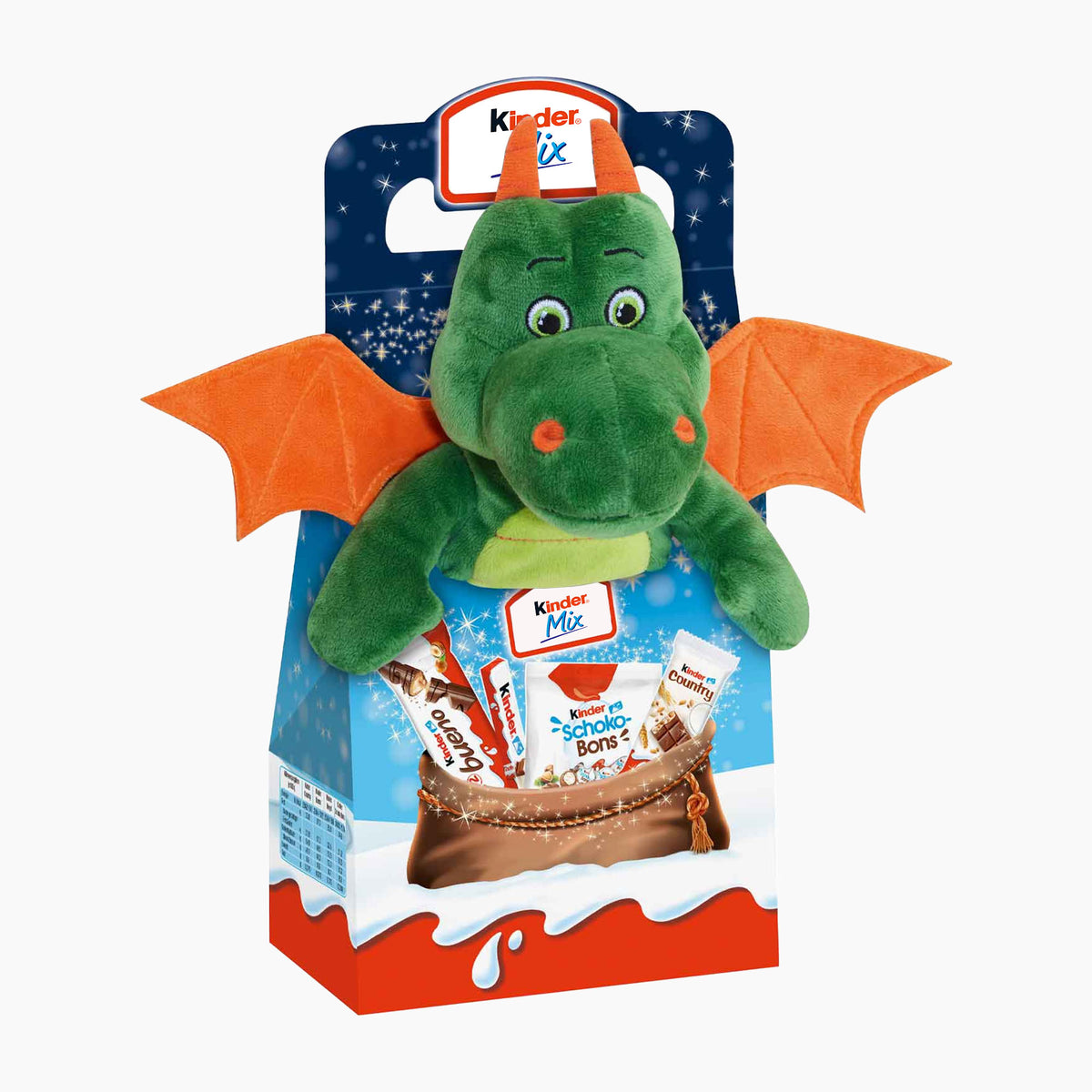 Kinder Mix Gift Box set featuring a green plush dragon with orange wings, on a light gray background.