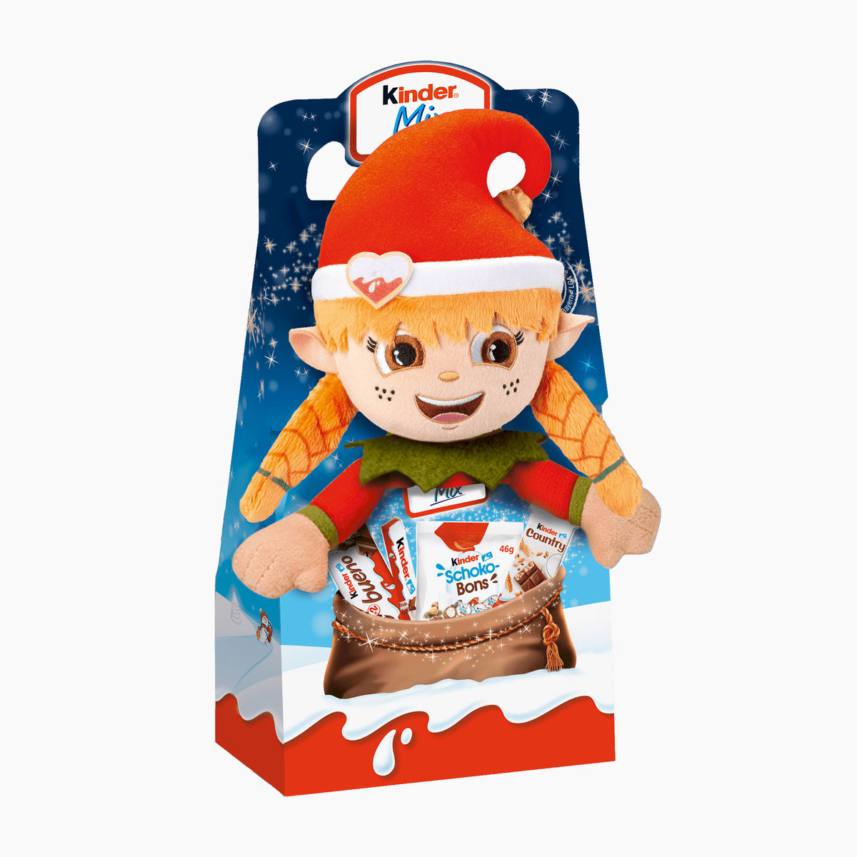 Kinder Mix Gift Box with Plush Girl Elf Toy packaging on a light gray background.
