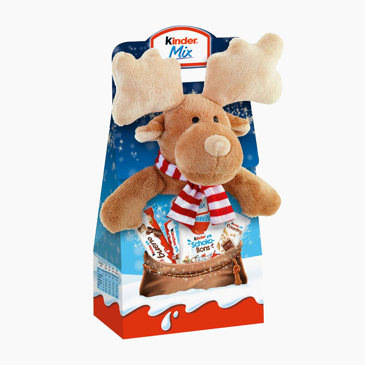 Kinder Mix Gift Box with Plush Moose Toy packaging on a light gray background.