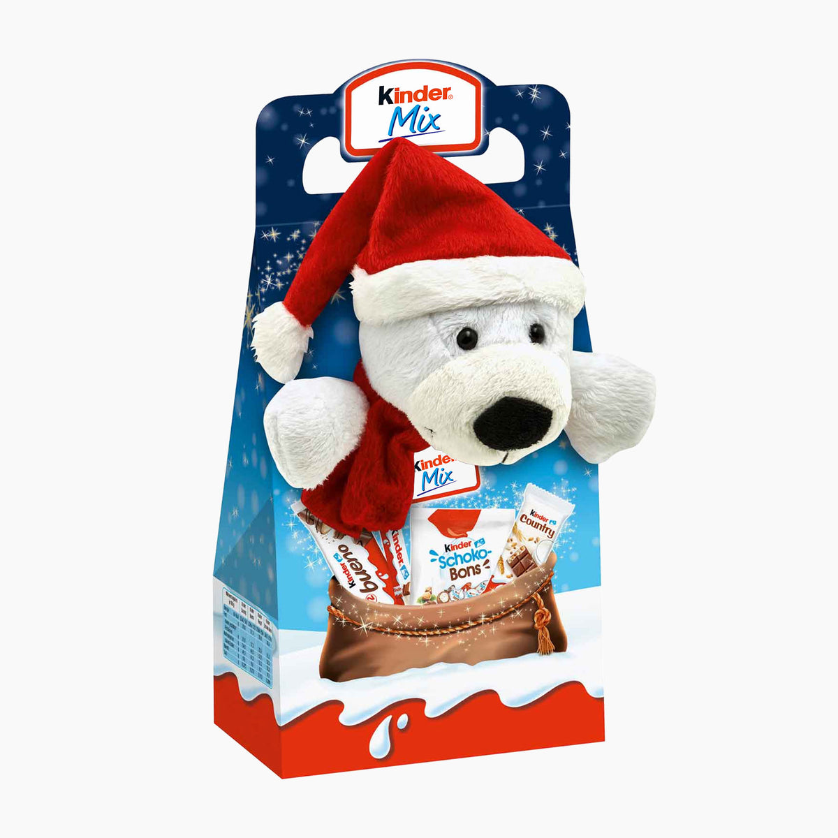 Kinder Mix Christmas-themed gift set featuring a plush white polar bear wearing a red Santa hat and scarf, packaged in a blue and red gift box with visible Kinder Mix branding.