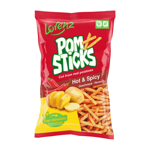 Red package of Lorenz Pom Sticks Hot & Spicy flavor on a white background