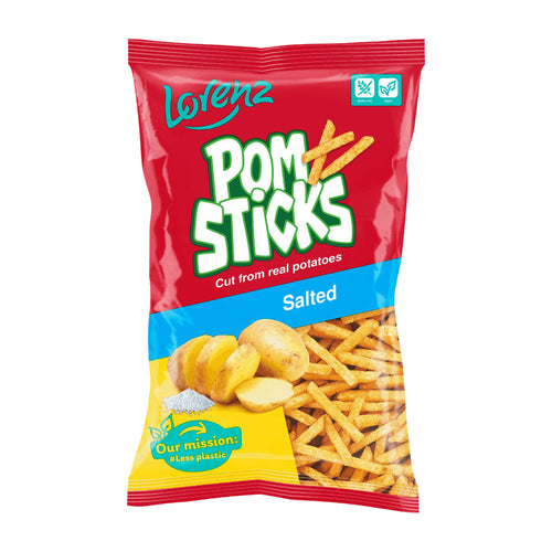 Packaging of Lorenz Pom Sticks salted snacks on a white background