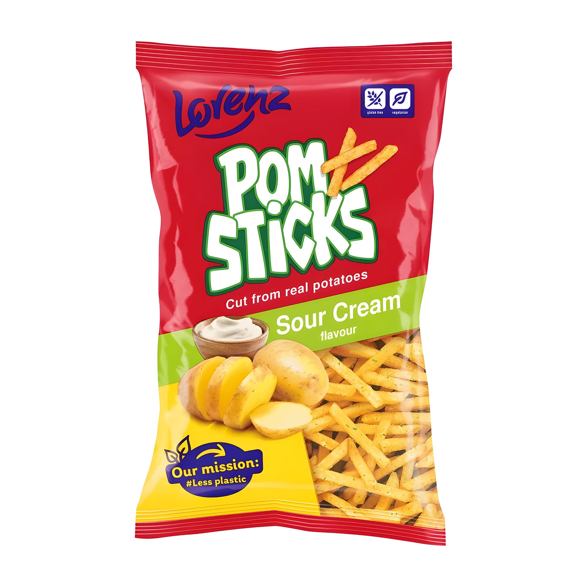 Packaged snack of Pom Sticks Sour Cream flavor with red and yellow design on a white background