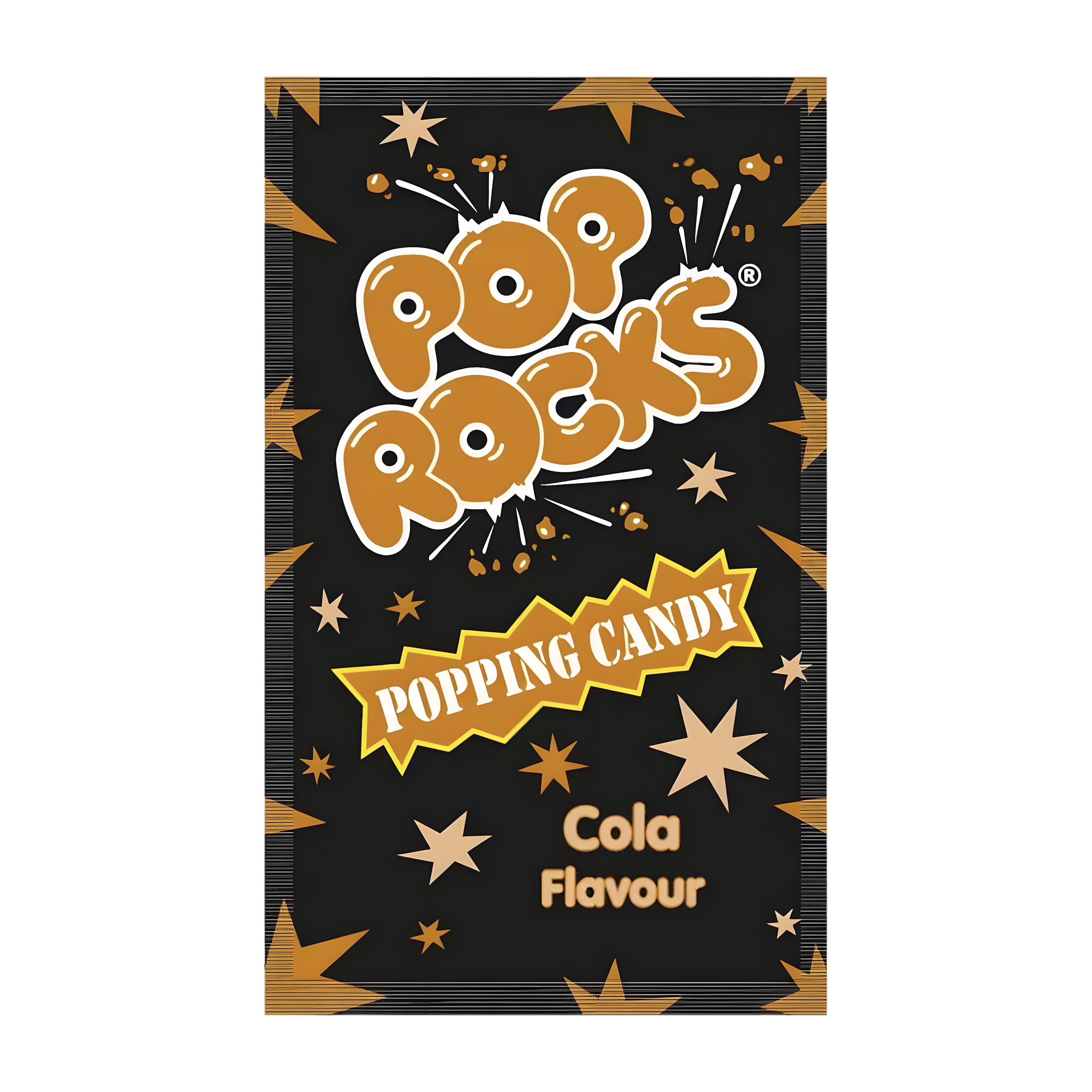 Pop Rocks Cola Flavour popping candy packaging on a black background with gold stars.