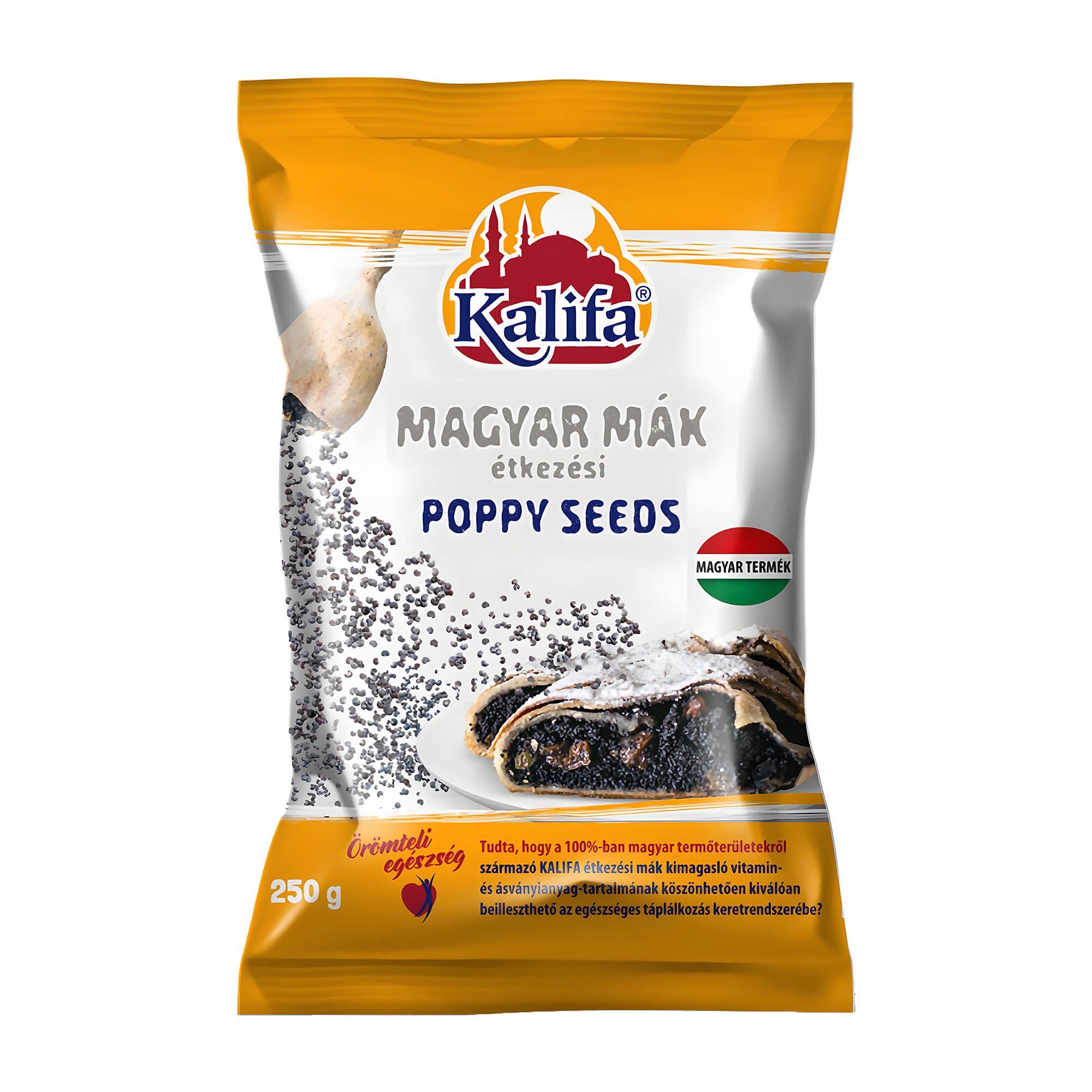 Packaging of Kalifa Poppy Seeds, 250g with a visual of the product and a serving suggestion.
