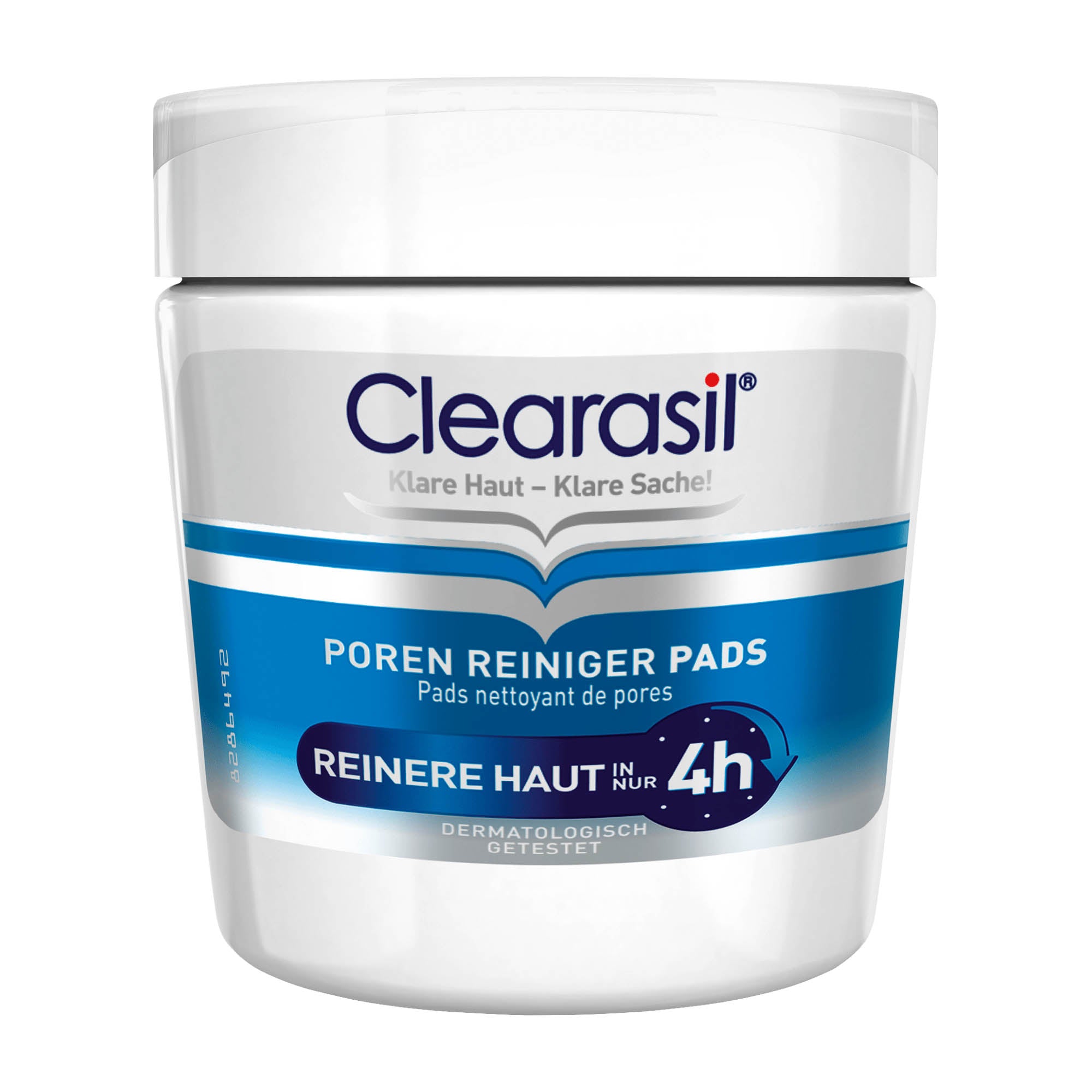A container of Clearasil Pore Cleansing Pads with text indicating they are dermatologist tested and reduce pimple size and redness within 4 hours.