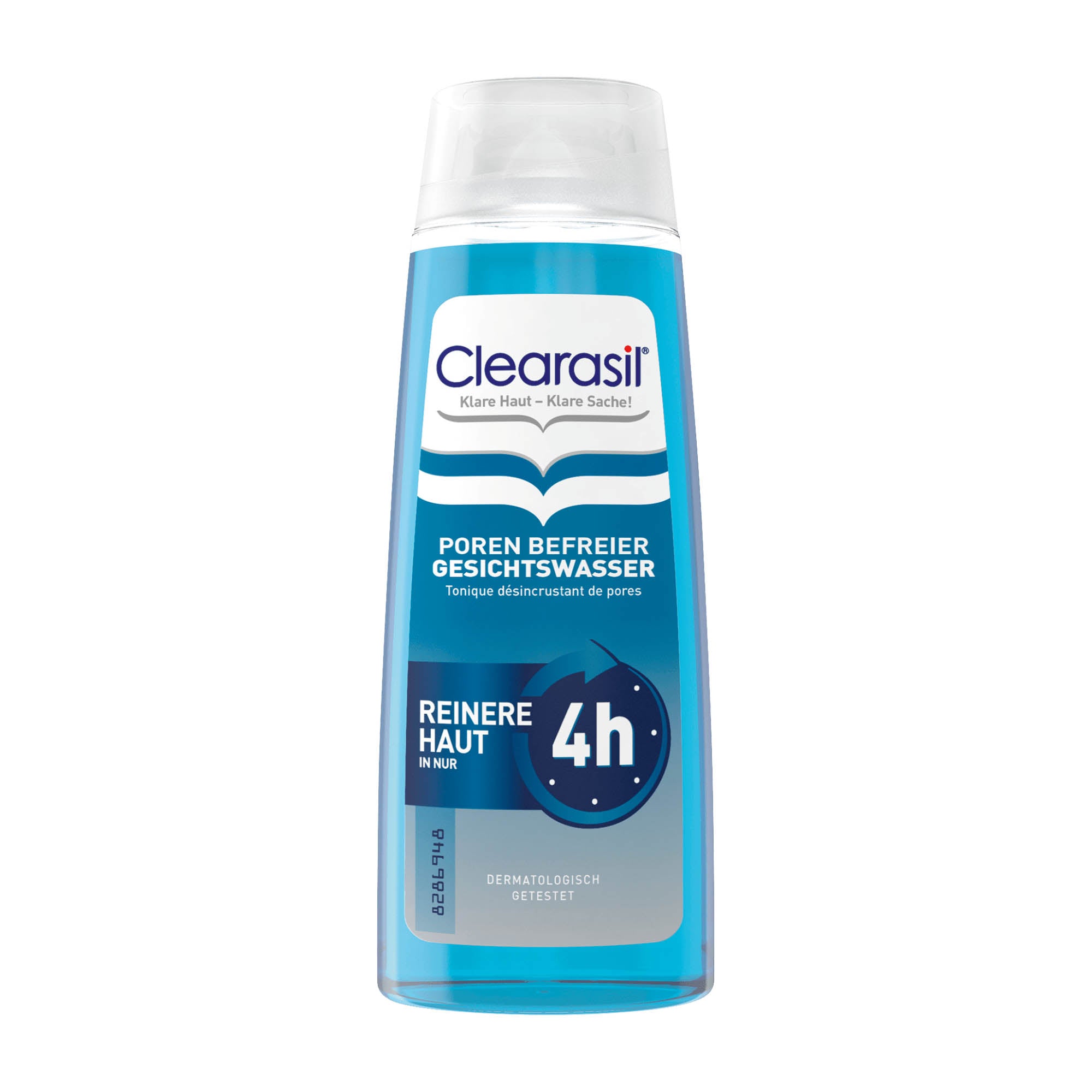 A bottle of Clearasil Pore clearing facial toner, with blue and white packaging, indicating that it is a product designed to clear pores and refine skin texture.