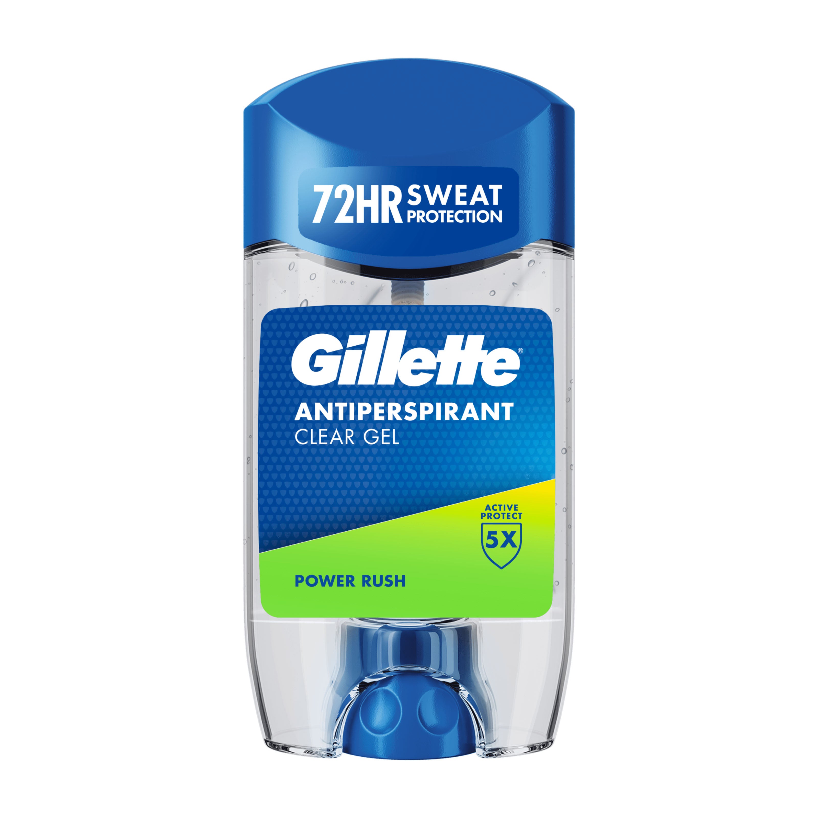 Gillette Power Rush antiperspirant clear gel stick with blue and white design on a white background