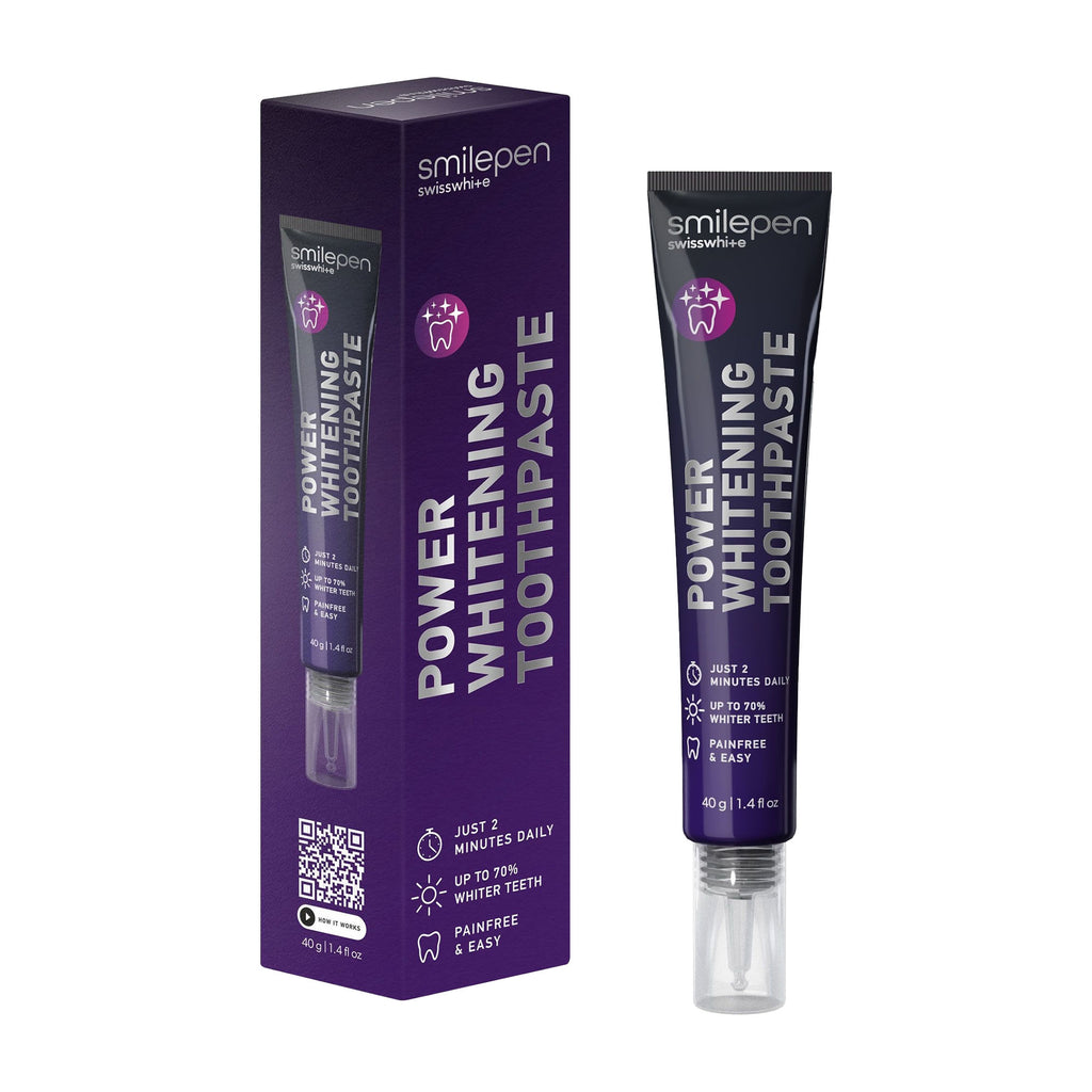 Packaging and tube of smilepen Power Whitening Toothpaste, with product information and branding displayed.