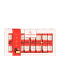 A box of Niederegger Marzipan Classics dark chocolate pralines, with each praline individually wrapped in red and white packaging.