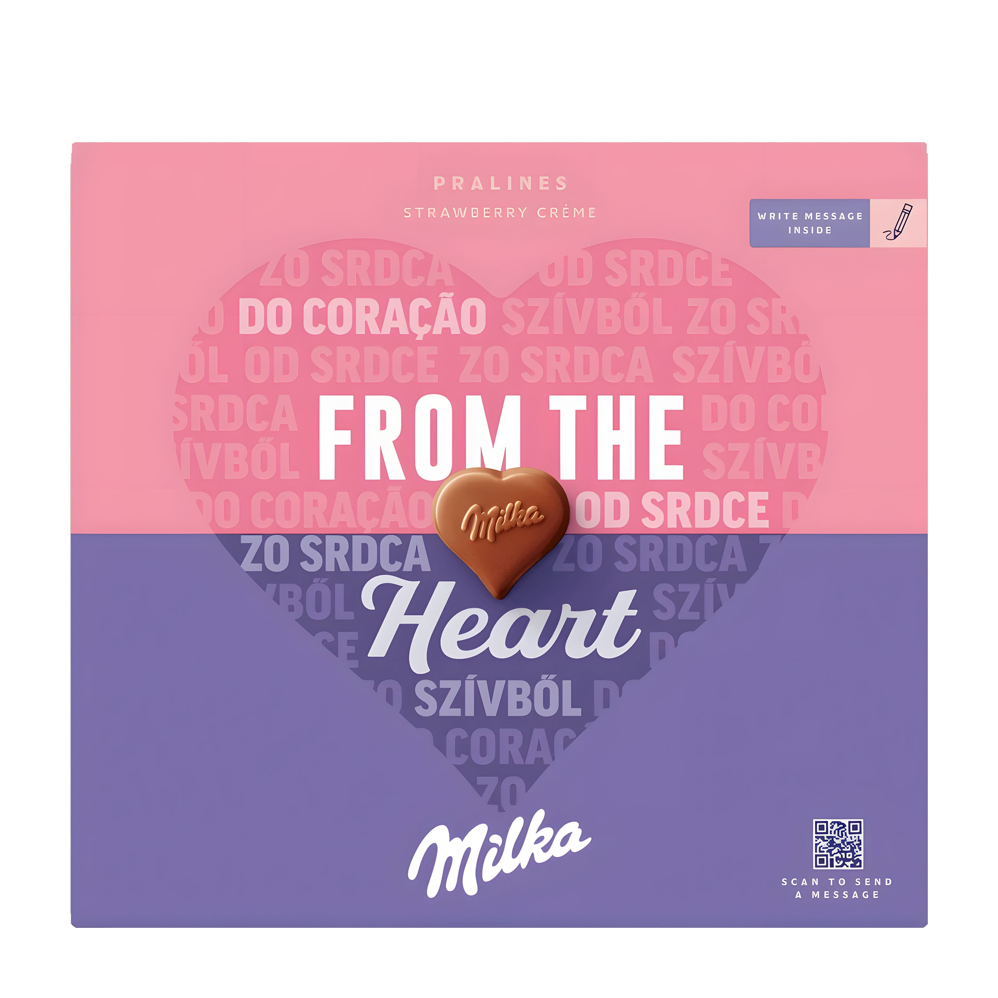 Milka chocolate box with pink and purple design and heart-shaped candy