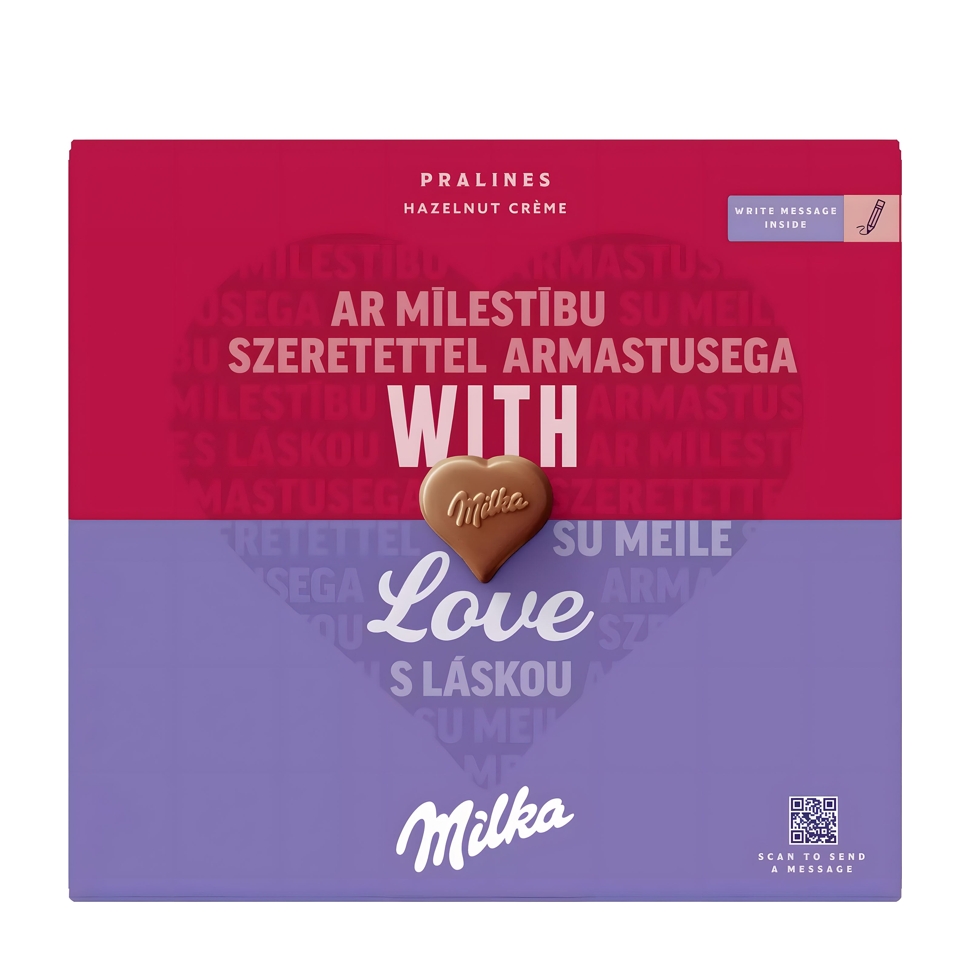 Milka chocolate box with a heart-shaped candy on a red and purple background