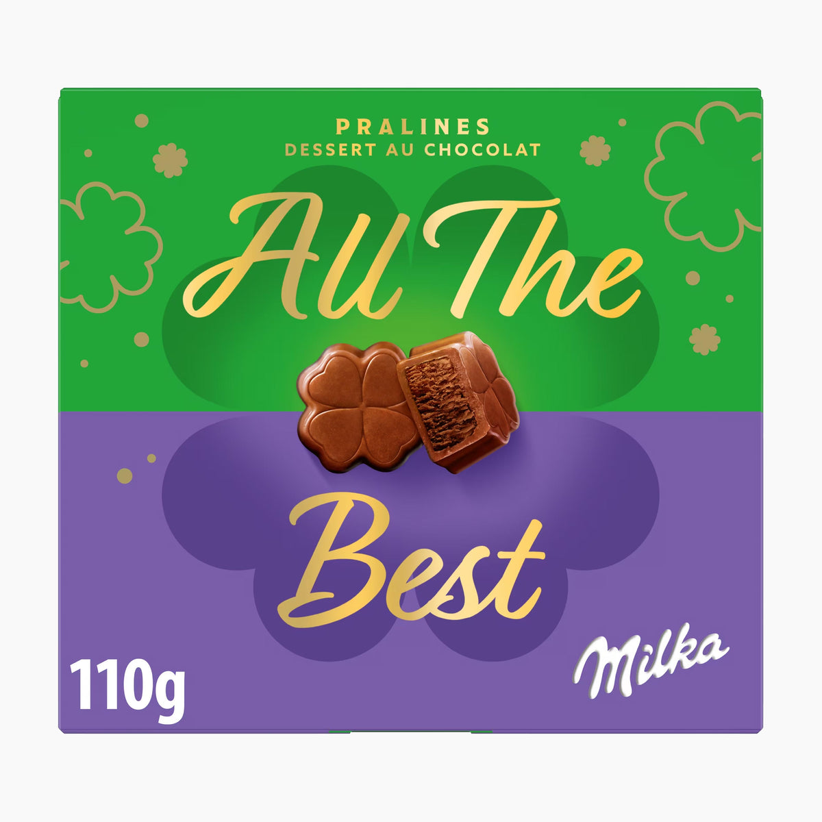 A 110g box of Milka 'All The Best' chocolate pralines, featuring a split green and purple design with gold lettering and clover motifs.