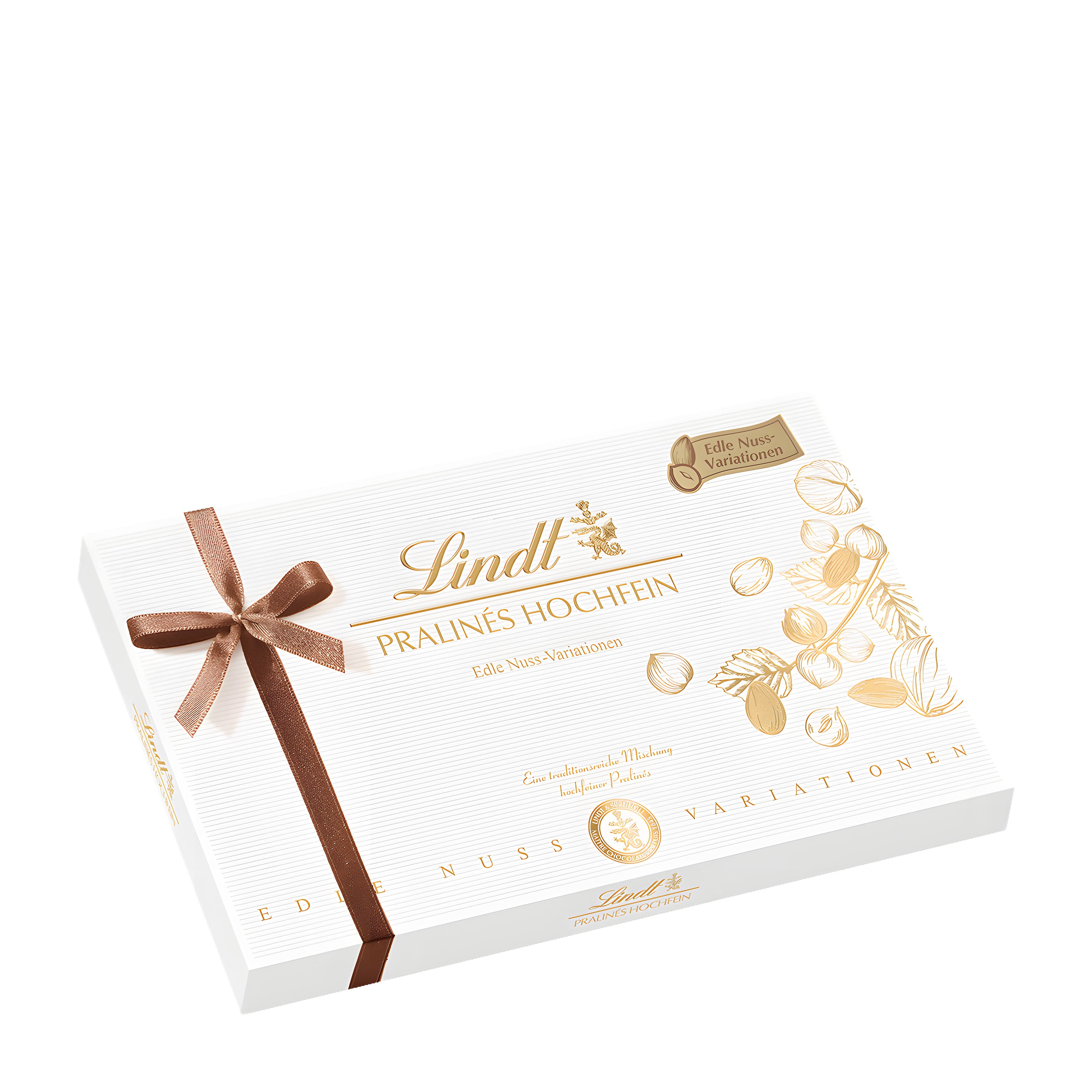 Lindt Pralines Fine Nut-Edition box with a brown ribbon on a white background