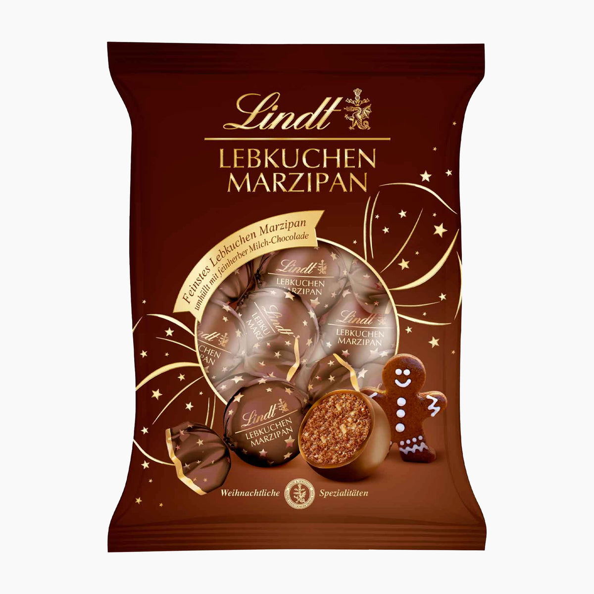 Lindt Gingerbread Marzipan Pralines bag on a light gray background.