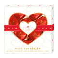 A box of Niederegger Marzipan Hearts, dark chocolate pralines, with ten pieces visible through a heart-shaped window on the box.