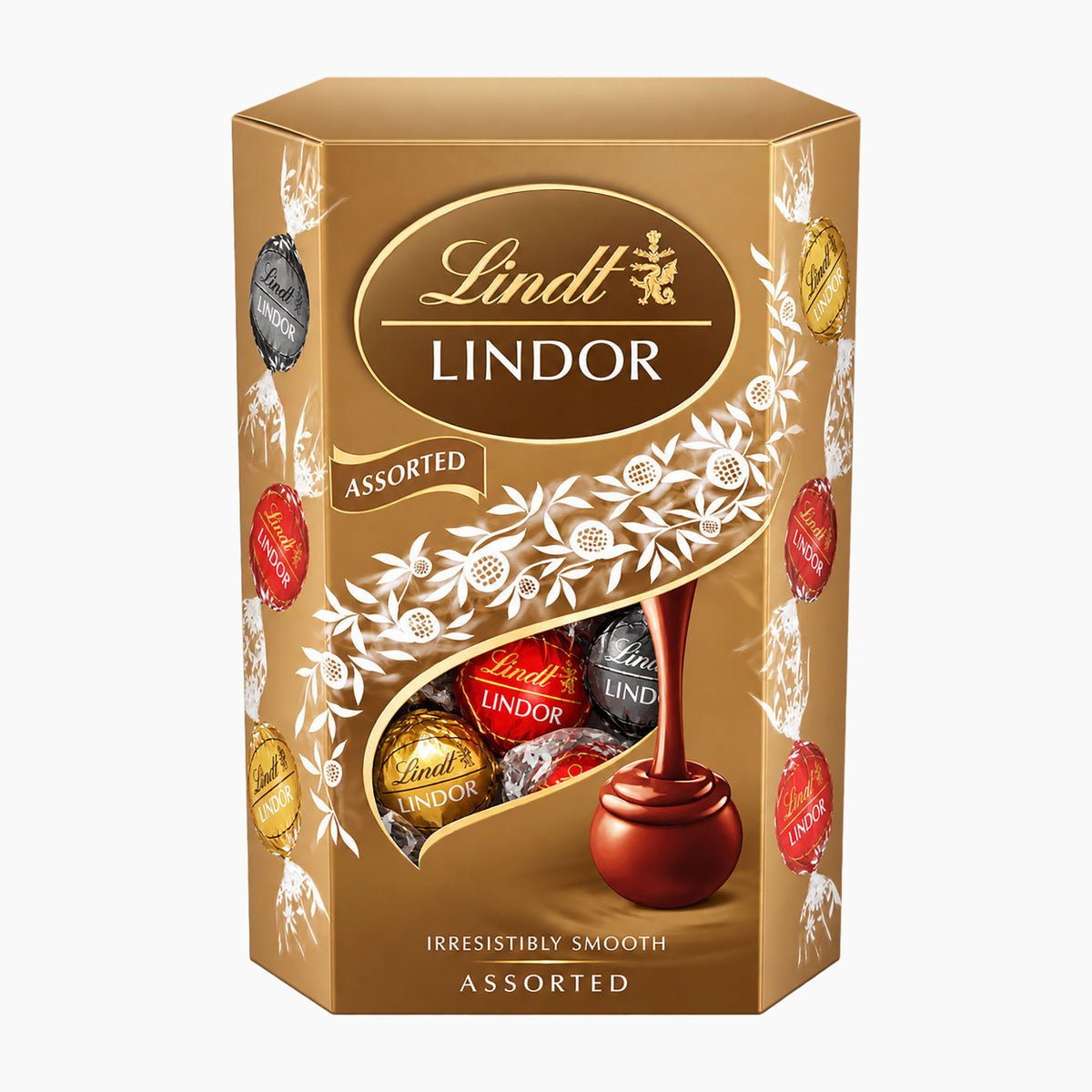 A 200g box of Lindt Lindor assorted chocolates in a metallic gold package with white floral illustrations and a clear window showing the wrapped chocolates inside.