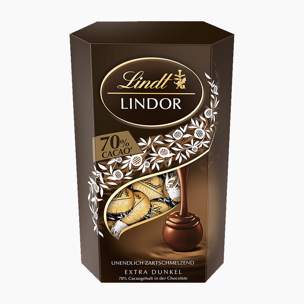 A 200g box of Lindt Lindor Extra Dark 70% cocoa chocolate pralines, featuring a dark brown packaging design with gold and white branding and a depiction of wrapped chocolates.
