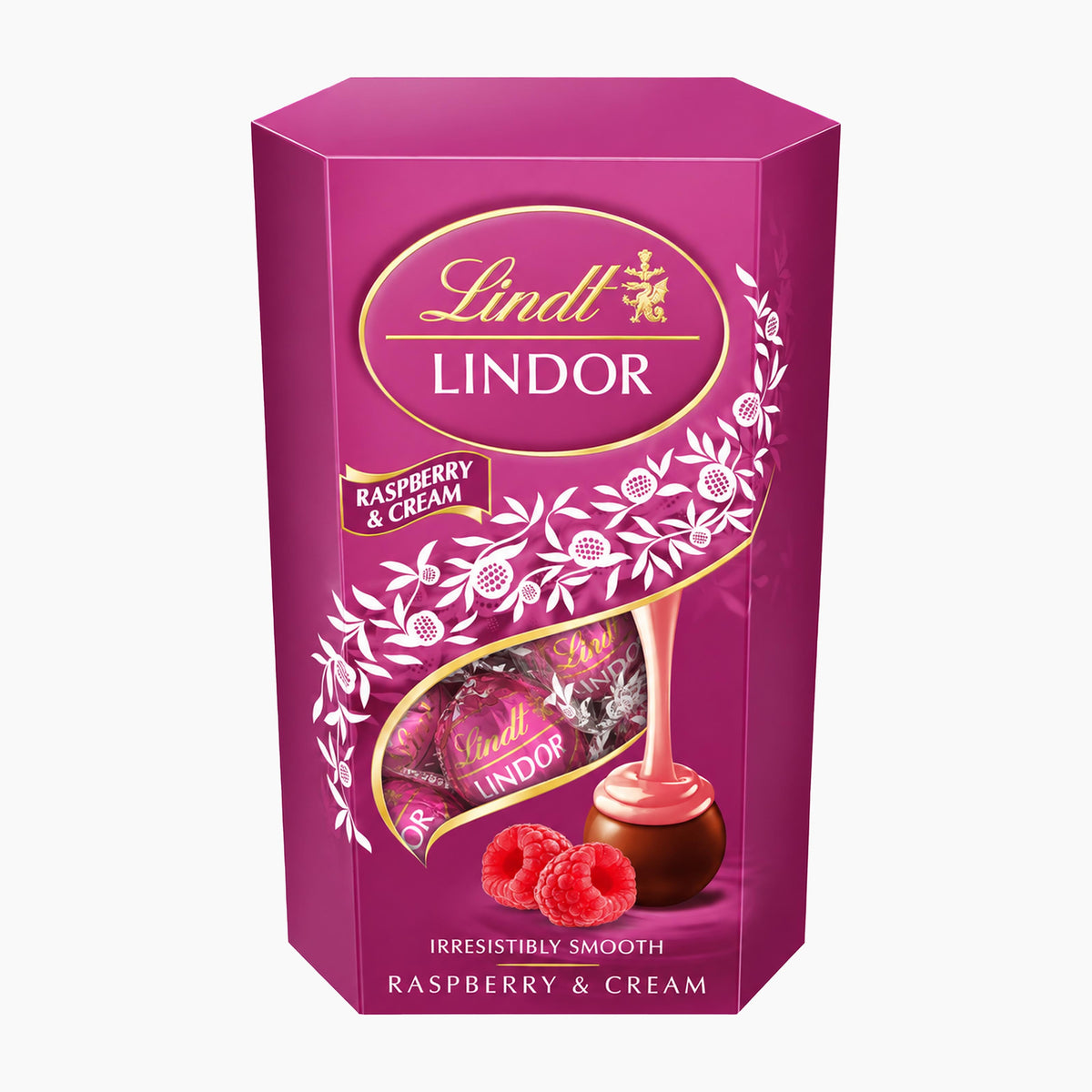 A 200g box of Lindt Lindor Raspberry & Cream chocolate pralines, featuring a vibrant magenta-purple packaging with gold and white branding, a clear window showing wrapped chocolates, and illustrations of raspberries and a chocolate praline.