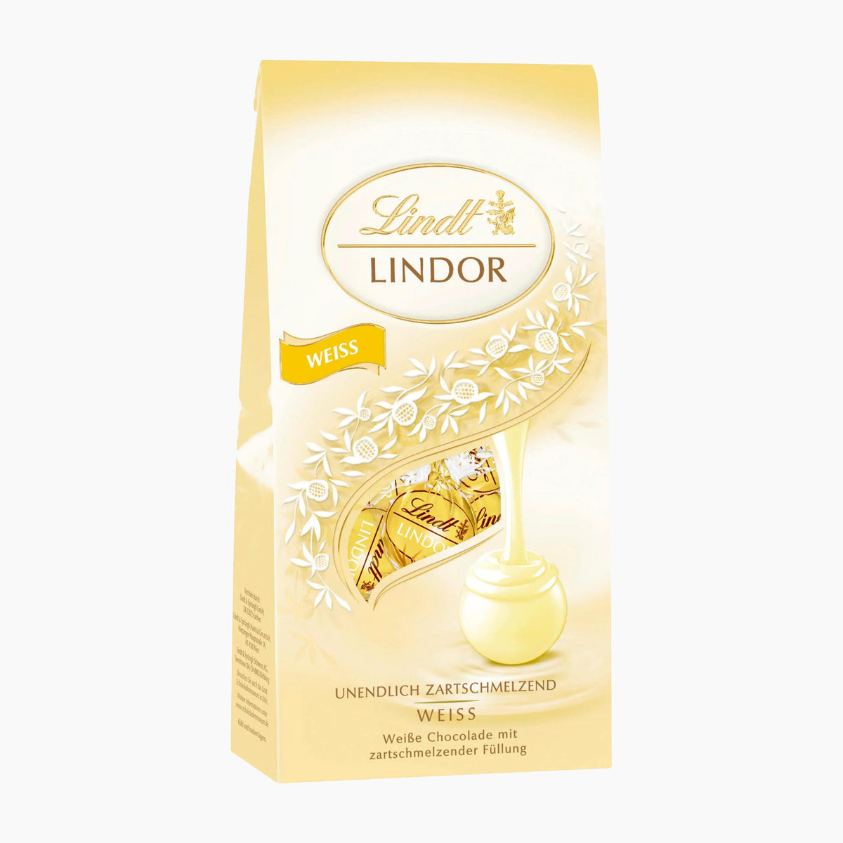 Lindt Lindor White Chocolate Pralines 100 g bag on a light gray background.