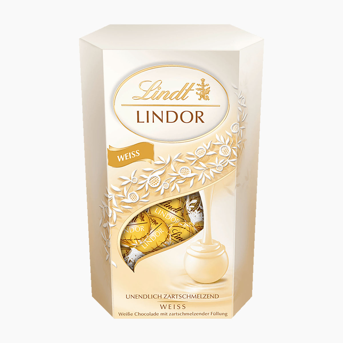 A box of Lindt Lindor white chocolate truffles, featuring a cream-colored packaging with gold and white details, and a clear window showing the gold-wrapped chocolates inside.
